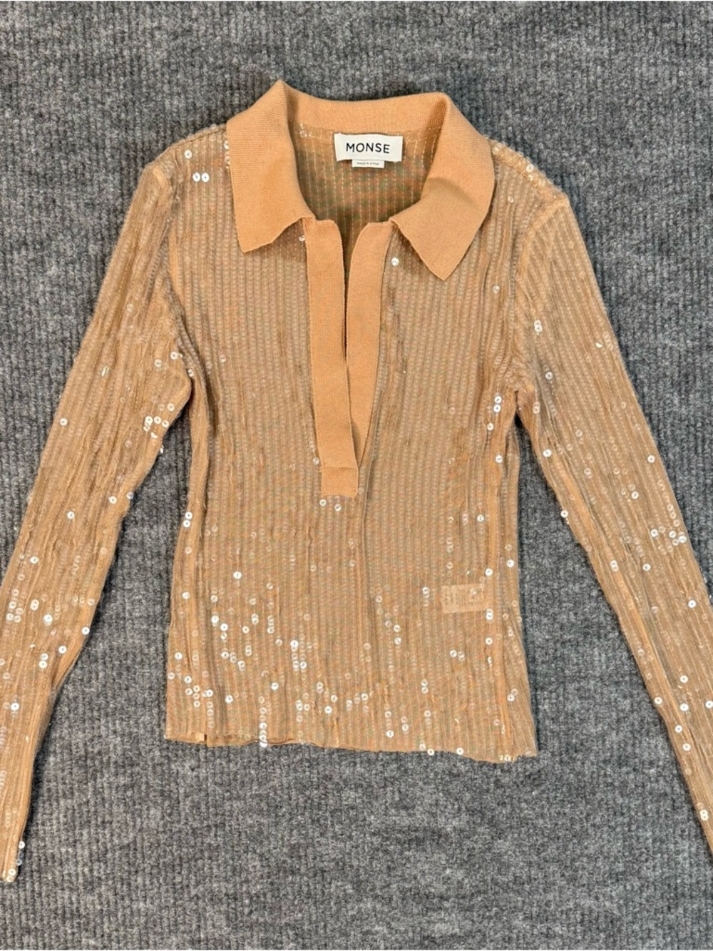 MONSE Mesh Sequin Top Long Sleeve Polo Nude Beige Women’s Size S - Picture 9 of 13